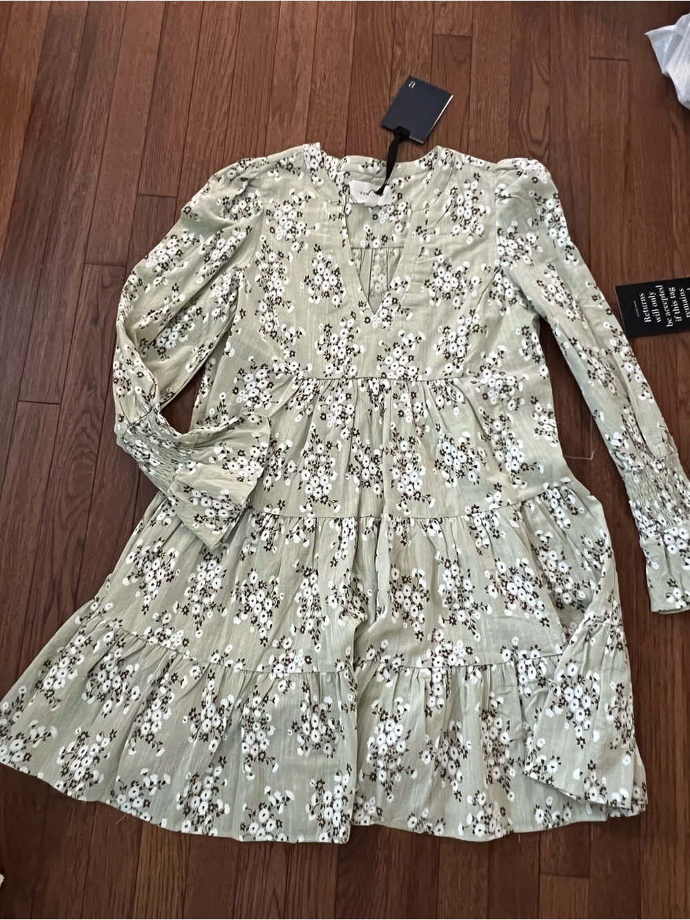 Tuckernuck Pomander Pace Sage Green Floral Tiered Long-Sleeve Dress